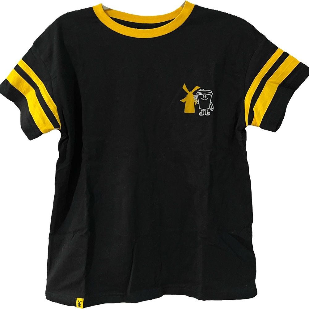 Black Dutch Bros Shirt with yellow stripes